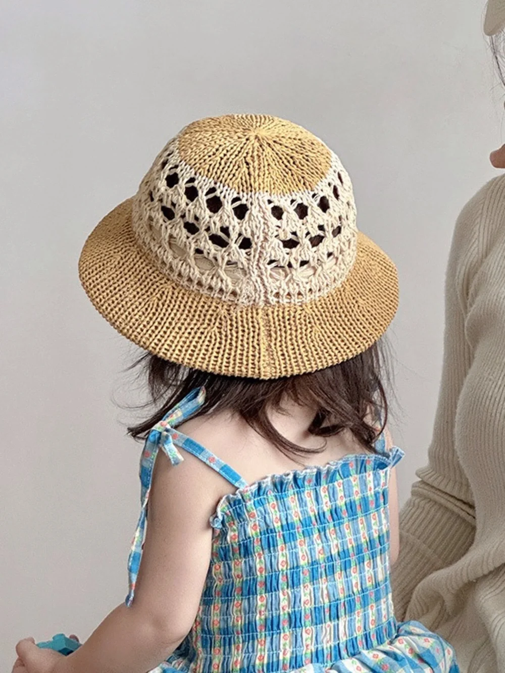 Girls Beige Crochet Straw Sun Hat